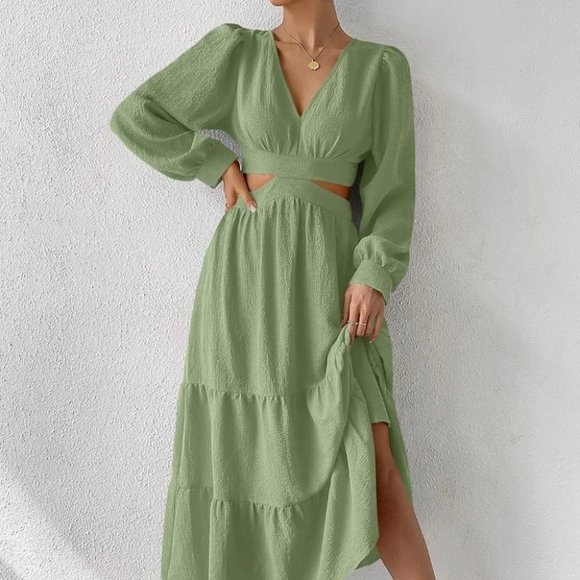 Cut Out Waist Lantern Sleeve Ruffle Hem green Dress maxi - Picture 2 of 5
